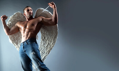 Valentines Day banner. Sexy man with with angels wings and muscular body and bare torso. Eotic man.