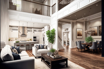 Beautiful and spacious living room interior in new luxury home with hardwood floors and high ceiling. View of the kitchen, foyer, and loft style space on the second floor. Generative AI