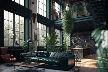 industrial style living room loft. Generative AI