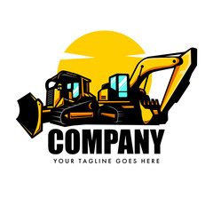 Dozer logo or tractor with excavator vector for construction company. - obrazy, fototapety, plakaty