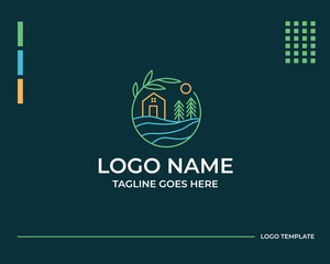 House Tree and Sun Illustration Simple Logo. Organic Life Style Branding Design Template Logo