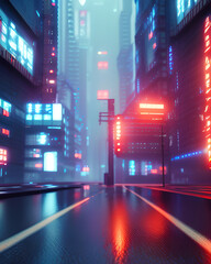 Fototapeta premium rainy foggy cyberpunk city neo tokyo, cinematic lighting, reflections, hyperrealistic, focused, high details, unreal engine 5, cinematic, octane render, ray tracing, landscape night