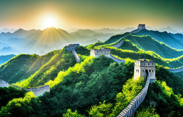 .Big Chinese wall at the sunrise. Ai generated image.