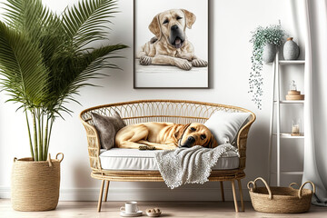 A living room with furniture, a mock up painting, rattan decorations, a bamboo shelf, and fine personal accessories is decorated in a bohemian style. Gorgeous puppy sleeping on the chaise. Template fo