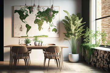 Modern dining area with a stylish and botanical interior that features a design craft wooden table, seats, numerous plants, a large window, a poster map, and fine accessories. Template. Generative AI