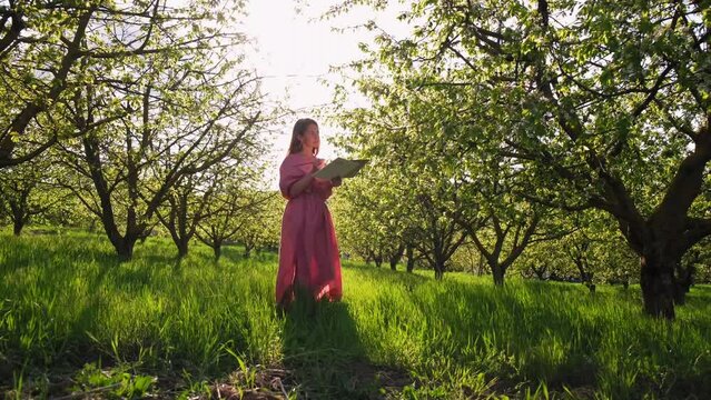 a girl at sunset paints in cherry orchards. The artist paints in the garden. Creative girl is painting a beautiful picture in the garden, holding a palette and brush, using tools to create a canvas.