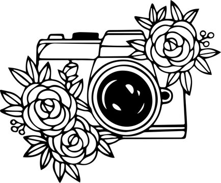 Vector Illustration of a Floral Camera Retro in Flowers Leaves, ideal for photographers, cut file, design for clothes, vinyls, prints, t shirts, mugs, tattoos, and others