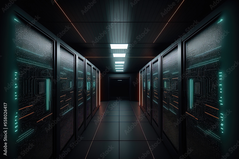 Poster inside of a functioning data center. hosting, computer cluster, supercomputer, virtual servers, clou