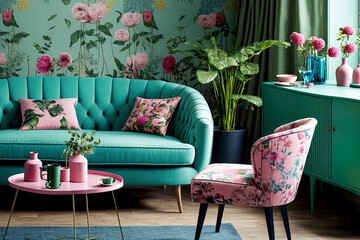 Pink chairs and blue sofas are placed between a green table with a plant in a floral living room with wallpaper and a poster. Generative AI