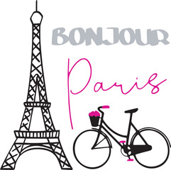 Hand draw Bonjour Paris France Eiffel Tower Bicycle Print Cut Files Design