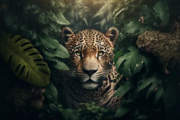 Foto op Plexiglas jaguar in jungle leaves painting style made by generative ai © Artificial Dream