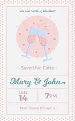 WEDDING INVITATION, Two glasses of champagne, celebration, Vector illustration, party