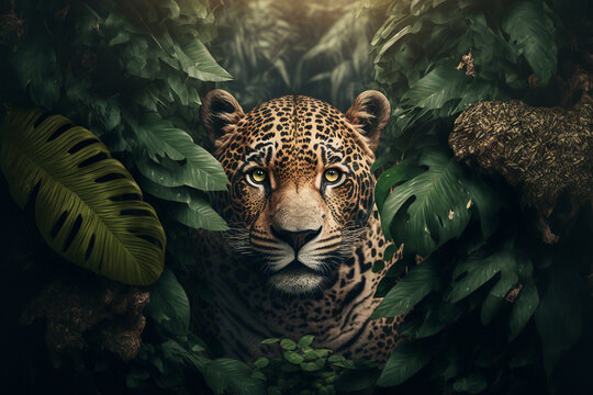 jaguar in jungle leaves painting style made by generative ai