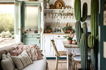 Beautiful springtime photograph of a kitchen's interior in soft hues. The kitchen is open to the living area, which has a beige sofa, an antique white refrigerator, a rustic table, a giant cactus, and