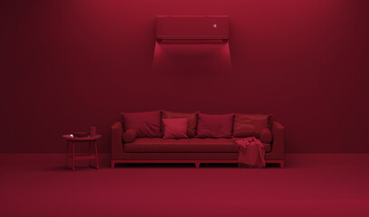 Air conditioner and sofa on red background. Control air conditioner concept, split system air conditioning. Viva magenta is a trend colour year 2023. 3D rendering 