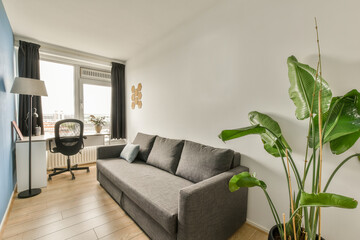 a living room with a couch, chair and plant in front of the sofa is shown on the right side