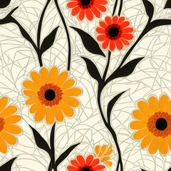 Seamless Repeating Floral Tiling Pattern with Flowers, Steams, and Leaves on a Solid Background (AI)