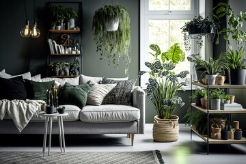 A stylish living space with lots of lovely houseplants. Generative AI