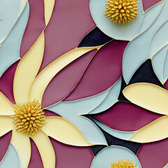Purple and Yellow Seamless Repeating Floral Tiling Pattern with Flowers, Steams, and Leaves on a Solid Background (AI)