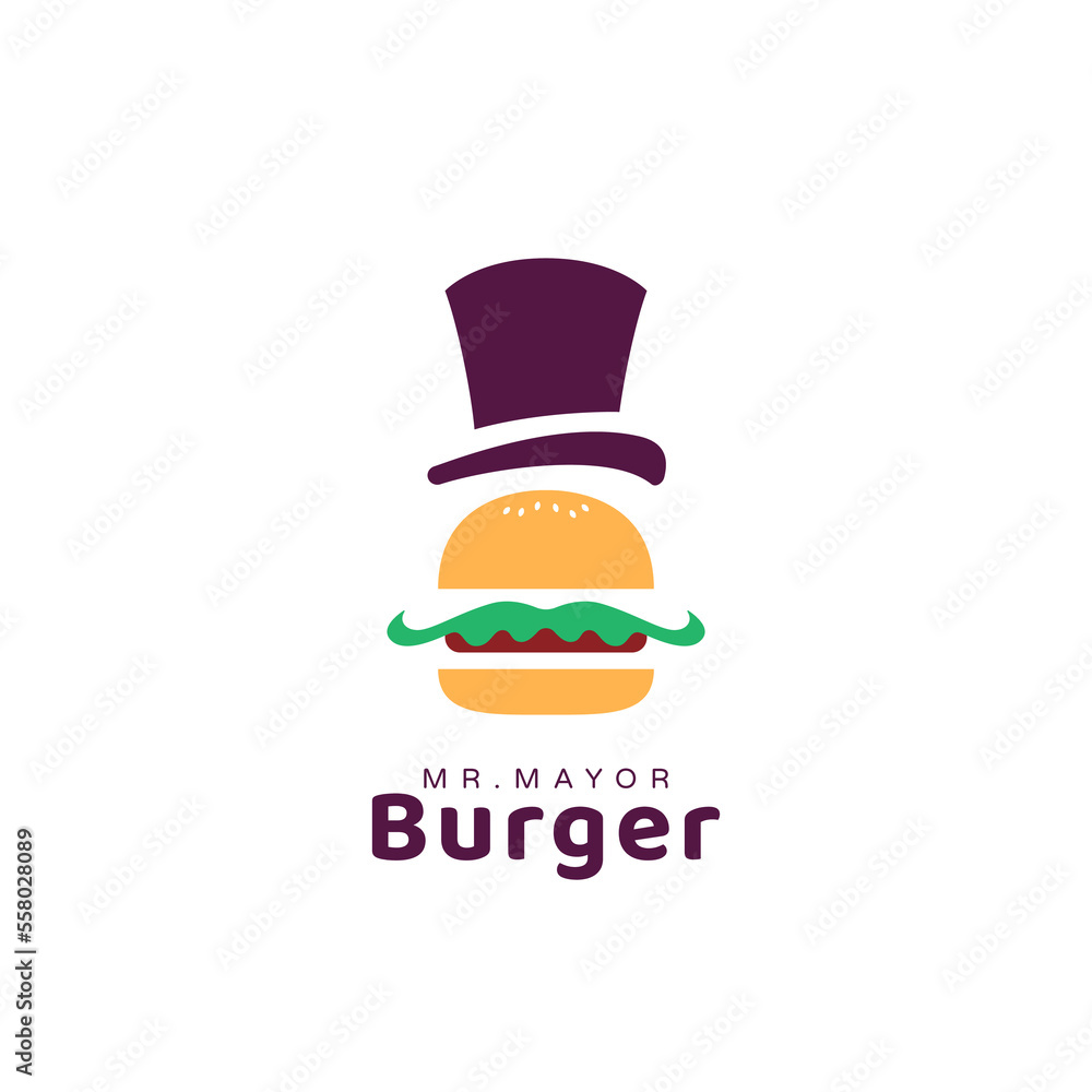 Wall mural mr mayor street food burger hamburger logo with mayor hat and mustache cartoon style icon illustrati