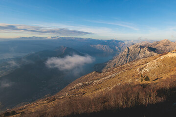 The Bay of Kotor, Beautiful aerial view of Boka Kotorska, with Kotor, Herceg Novi and Tivat municipalities in a sunny day, Adriatic sea and Dinaric Alps with Lovcen and Orjen mountains, Montenegro