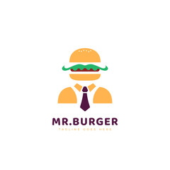 mr burger logo, burger logo with formal clothes and tie cartoon style illustration icon