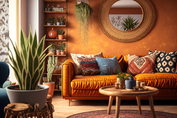 Bohemian style interior design, a warm colored living room. Generative AI