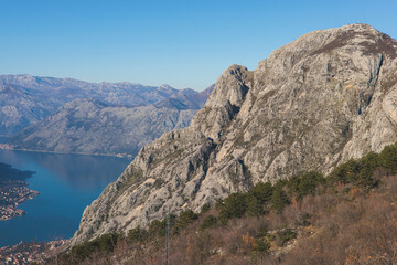 The Bay of Kotor, Beautiful aerial view of Boka Kotorska, with Kotor, Herceg Novi and Tivat municipalities in a sunny day, Adriatic sea and Dinaric Alps with Lovcen and Orjen mountains, Montenegro