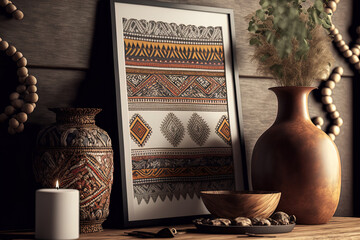 close up of a mock up poster frame decorated with ethnic elements in a loft,. Generative AI