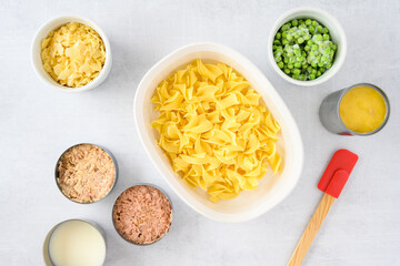 Dinner meal preparation, ingredients for tuna noodle casserole
