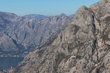 The Bay of Kotor, Beautiful aerial view of Boka Kotorska, with Kotor, Herceg Novi and Tivat municipalities in a sunny day, Adriatic sea and Dinaric Alps with Lovcen and Orjen mountains, Montenegro