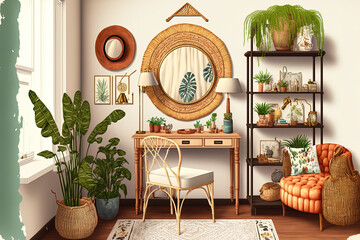 Apartment's bright boho decor includes a mirror, dressing table, furnishings, plants, flowers, a rattan hat, a sculpture, macrame, and design accents. Stylish open plan home furnishings. Template