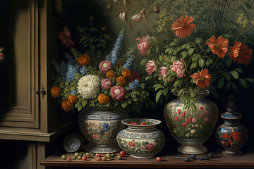 Fototapeta na wymiar A view of the numerous flowers in vases and pots perched on a cabinet and a chest of drawers. Generative AI