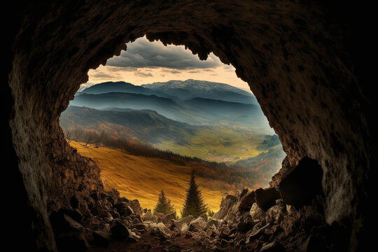 Padurea Craiului mountains can be seen from Vadu Crisului cave. Romania, Apuseni. Generative AI
