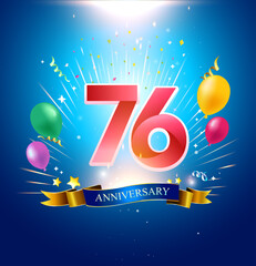 76 Anniversary with balloon, confetti, and blue background