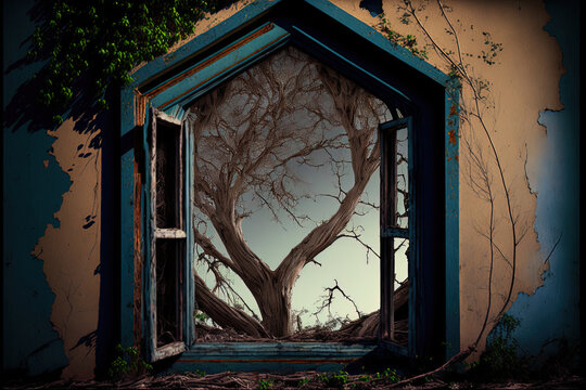 A window with peeling paint from inside a shady chamber frames trees and a roof for a nature notion. Generative AI