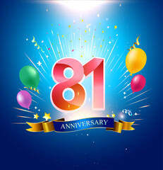 81 Anniversary with balloon, confetti, and blue background
