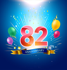 82 Anniversary with balloon, confetti, and blue background