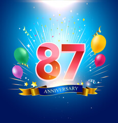 87 Anniversary with balloon, confetti, and blue background