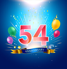54 Anniversary with balloon, confetti, and blue background
