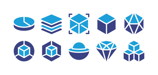 3d shape icon set. Duotone color. Vector illustration. Containing pie chart, layers, cube, shape, hexagon, design, shapes, diamond.