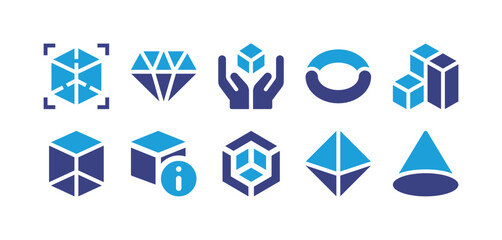 3d shape icon set. Duotone color. Vector illustration. Containing cube, diamond, circle, modeling, info, rhombus, cone.