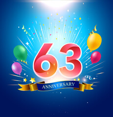 63 Anniversary with balloon, confetti, and blue background