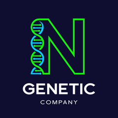 Letter N Genetic DNA vector logo template. Design with chromosome symbol. This logo is suitable for research, science, medical, logotype, technology, lab, molecule, protein, nucleus, spiral.