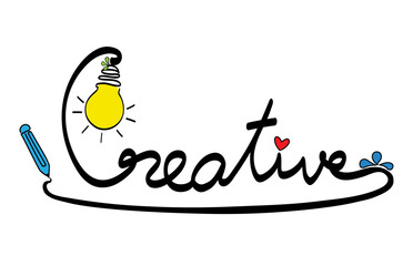 Be creative word concept for thinking new ideas with innovation. Logo with bulb lamp symbol of creativity. Vector illustration.