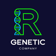 Letter R Genetic DNA vector logo template. Design with chromosome symbol. This logo is suitable for research, science, medical, logotype, technology, lab, molecule, protein, nucleus, spiral.