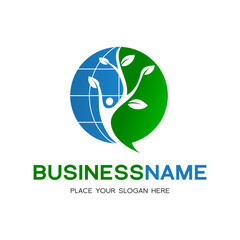 Save earth with leaf human vector logo. This template is suitable for ecology, environment, plant, globe, green, conservation, protection and recycle.