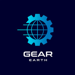 Gear world or earth with fast and speed, fast symbol vector logo template. This logo is suitable for factory, business, technology, automotive, engineer, wheel, industrial.