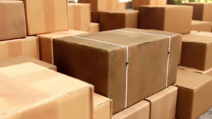 Closeup Slow motion Boxes, Parcel boxes, cardboard box, in factory industry. 3D Render. Business ecommerce logistic concept idea.