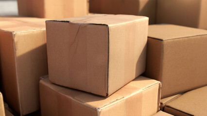 Closeup Slow motion Boxes, Parcel boxes, cardboard box, in factory industry. 3D Render. Business ecommerce logistic concept idea.